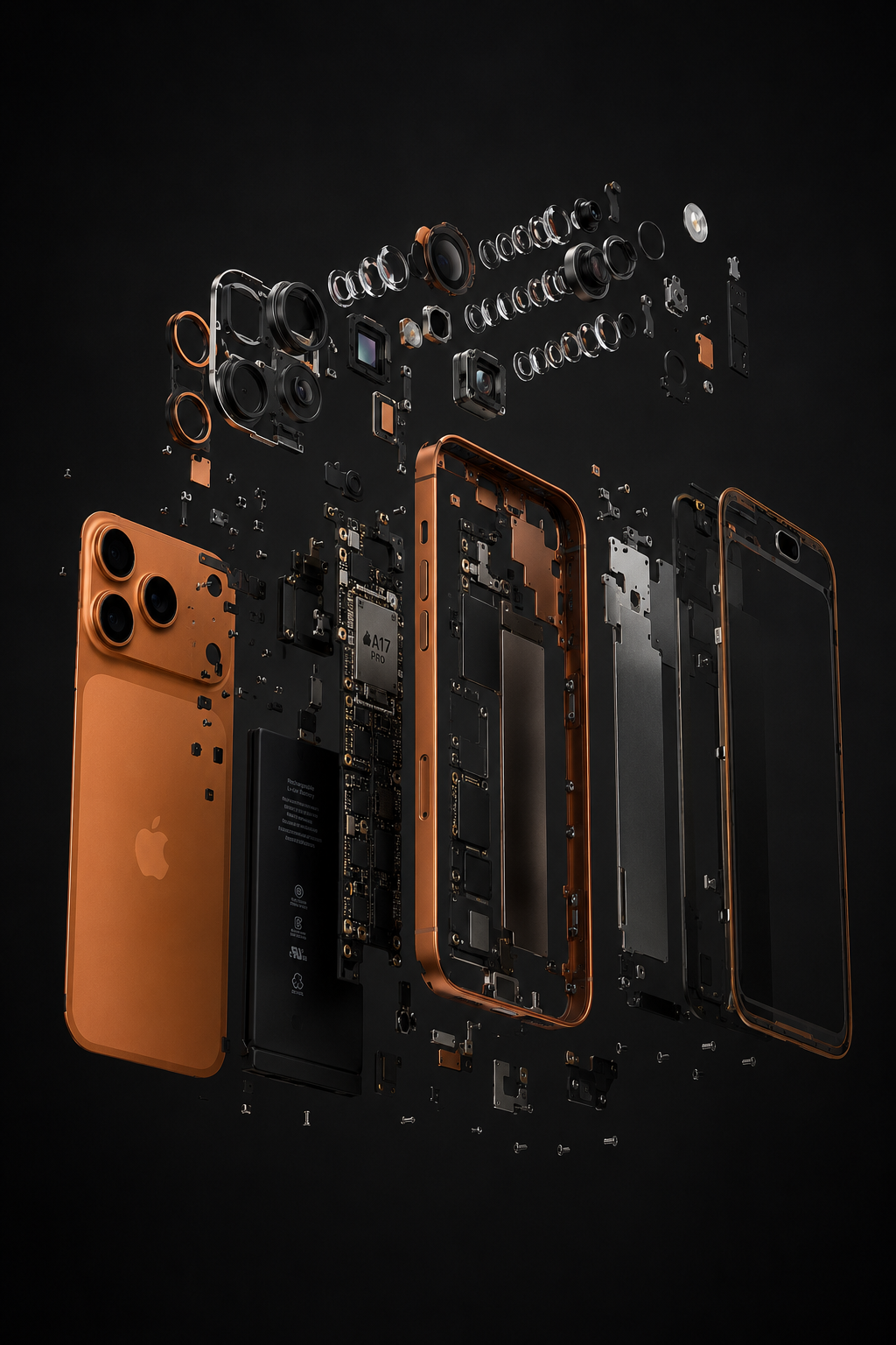 AI promotional photo of an exploded-view smartphone with internal components