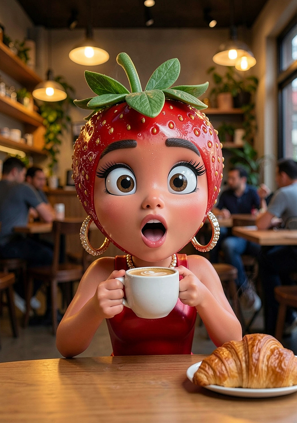 AI promotional photo of a strawberry mascot with coffee and croissant