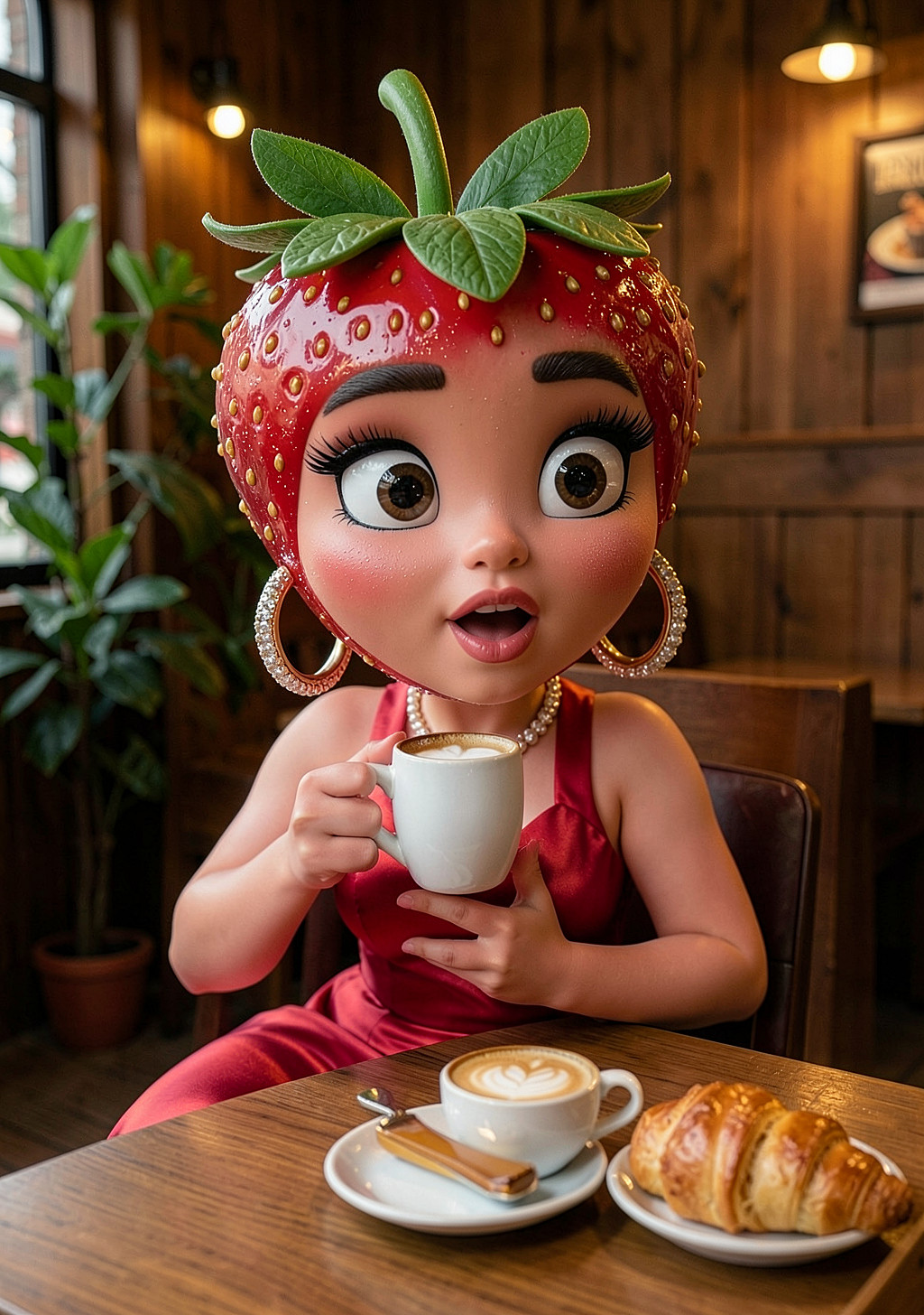 AI promotional photo of a strawberry mascot character in a café