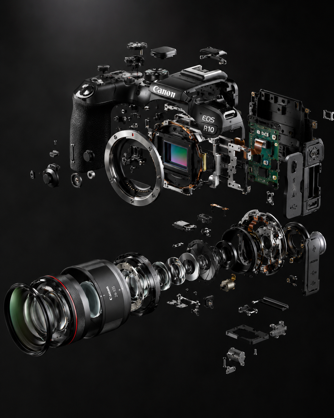 AI promotional photo of an exploded-view mirrorless camera and lens on a dark backdrop