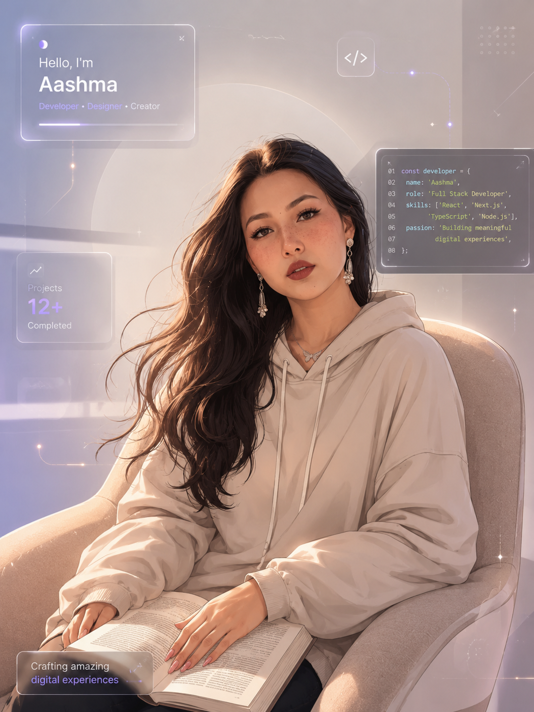 AI promotional photo with code panel overlays in soft light