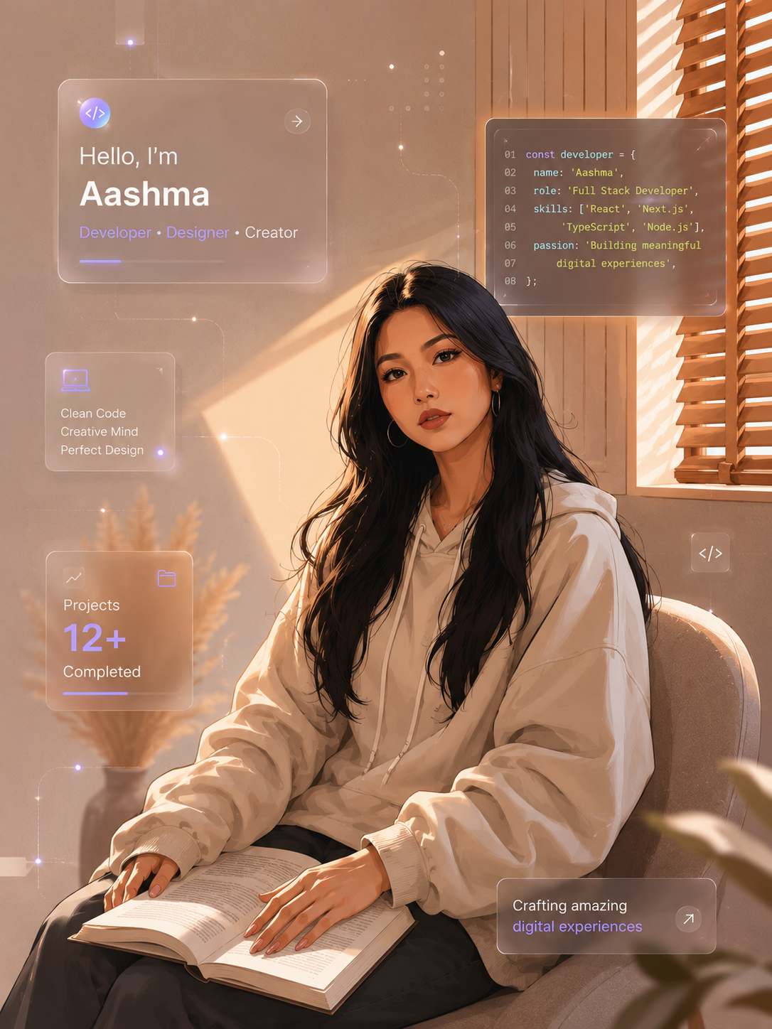 AI promotional photo of a developer persona with glassmorphic UI cards